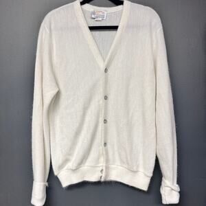 vintage men's LG London Fog knit v neck grandpa cardigan ivory off white cuffed